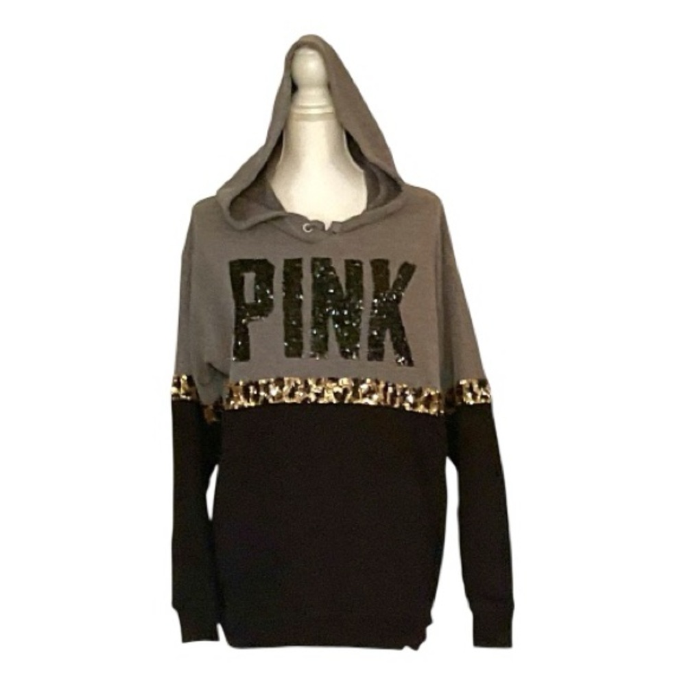 PINK Victoria's Secret Gray and Black Sweatshirt with Gold Sequin Accents